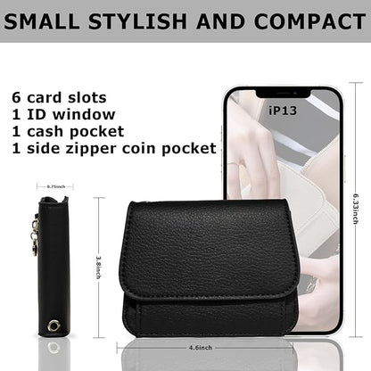 Women Small Wallet RFID Blocking Slim Wallet with Coin Pocket Tri-Fold Credit Card Holder with ID Window and Keychain (Black)