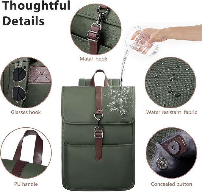 Laptop Backpack for Men Women, Slim Work Travel Backpack with USB Charging Port, Lightweight Computer College Backpack Bag, Vintage Commuter Casual Daypack Fits 15.6 Inch Laptop -Green