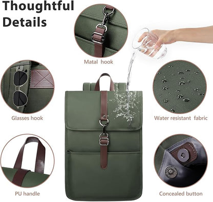 Laptop Backpack for Men Women, Slim Work Travel Backpack with USB Charging Port, Lightweight Computer College Backpack Bag, Vintage Commuter Casual Daypack Fits 15.6 Inch Laptop -Green