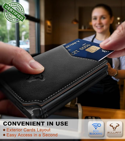 BULLIANT Men Wallet Leather Wallet Card Holders Money Clip for Men 10Cards-Magnetic Flip on Metal Case