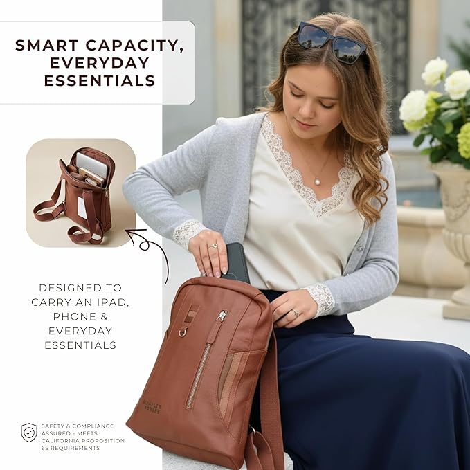 Full Grain Leather Backpack – Water-Resistant, Padded Laptop Compartment, Adjustable Straps, 16L Capacity, Slim Design, Leather Backpack for Men and Women - Amber Brown
