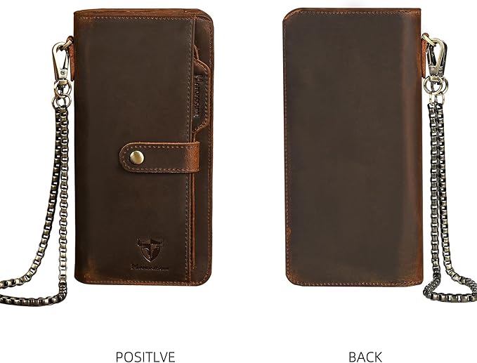 Genuine Crazy Horse Leather Travel Gift Coin Pocket Card Case Long Organizer Chain Rfid Wallet Purse With Snap For Men Male 1803 1815 (W-1821-Brown)