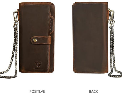 Genuine Crazy Horse Leather Travel Gift Coin Pocket Card Case Long Organizer Chain Rfid Wallet Purse With Snap For Men Male 1803 1815 (W-1821-Brown)