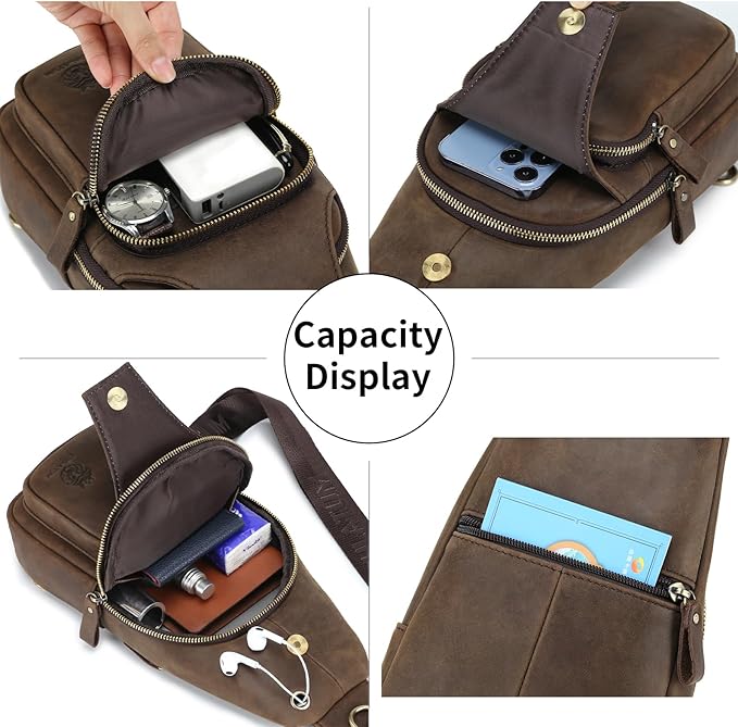 Mens Sling Bag Genuine Leather Crossbody Bags for Men Small Sling Chest Backpack Casual Man Bag Hiking Outdoor, Coffee