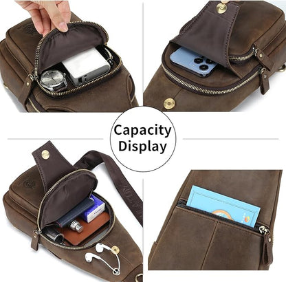 Mens Sling Bag Genuine Leather Crossbody Bags for Men Small Sling Chest Backpack Casual Man Bag Hiking Outdoor, Coffee