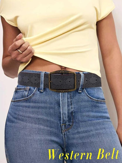 Women Western Belt Vintage Metal Buckle Leather Belts Country Cowboy Cowgirl Belt for Jeans Pant Dress