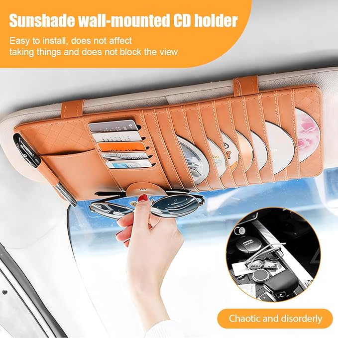 Zpana Car Sun Visor CD Case Holder, Multi-Function Vehicle DVD Eyeglass Organizer Clip with 10 DVD Storage Sleeves, Automotive Card Slots & Pen Holder Bag, Universal for SUV RV Truck (Brown)