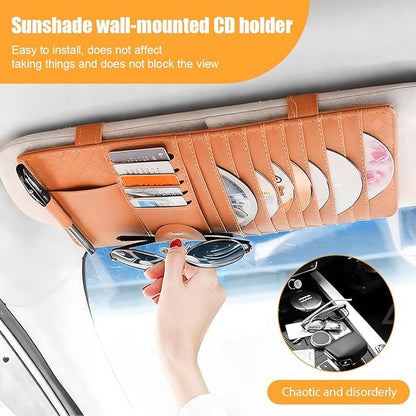 Zpana Car Sun Visor CD Case Holder, Multi-Function Vehicle DVD Eyeglass Organizer Clip with 10 DVD Storage Sleeves, Automotive Card Slots & Pen Holder Bag, Universal for SUV RV Truck (Brown)