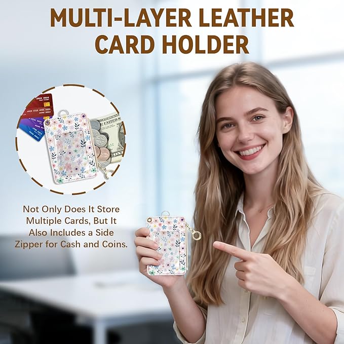 Flower Leather Badge Holder with Zipper Pocket, Beautiful Work Lanyards and 1 Zip Pocket, 4 Card Slots, Breakaway Lanyards with Metal Clasp for Offices, Staff, Adult, Employees