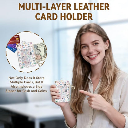 Flower Leather Badge Holder with Zipper Pocket, Beautiful Work Lanyards and 1 Zip Pocket, 4 Card Slots, Breakaway Lanyards with Metal Clasp for Offices, Staff, Adult, Employees