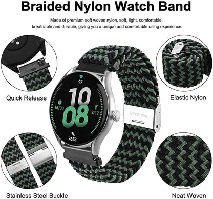 WOCCI 21mm Braided Nylon Watch Band for Men and Women, Quick Release, Silver Stainless Steel Buckle (Green Black)