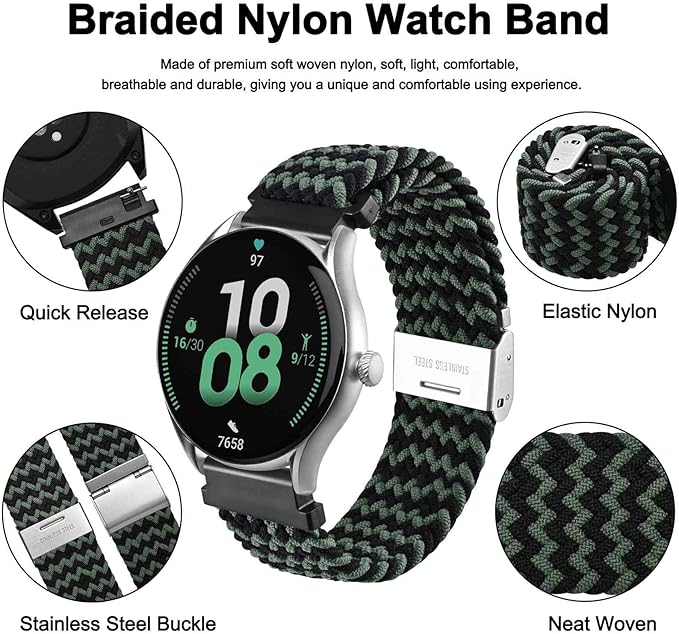 WOCCI 20mm Braided Nylon Watch Band for Men and Women, Quick Release, Silver Stainless Steel Buckle (Green Black)
