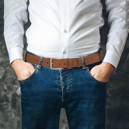 BISON DENIM Men's Belts Leather Dress Genuine Leather Classic Heavy Duty Buckle Belt Casual for Jeans