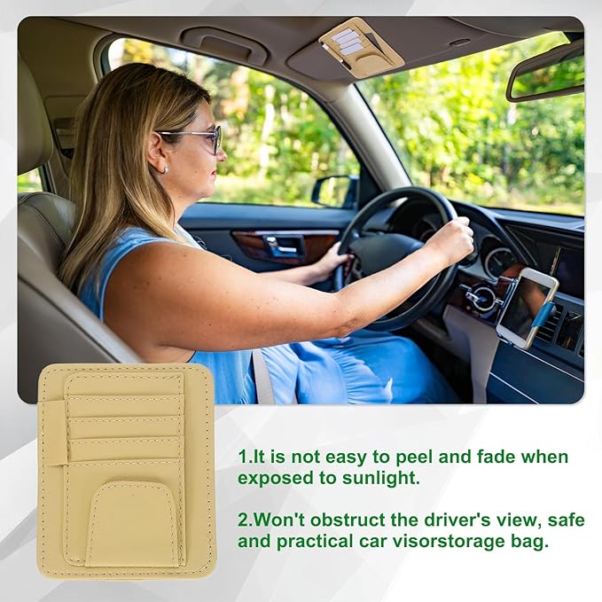 PATIKIL 1 Pcs Car Sun Visor Organizer, 6.1 x 4.9 Inch PU Leather Vehicle Storage Pouch Holder for Sunglasses Card Pen Driver License Car Accessories, Beige