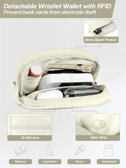 Tiostep Clip and Go Strap for Phone with Wallet Crossbody Phone Lanyard Adjustable and Detachable Wristlet Wallet with ID Window and Zipper, Beige