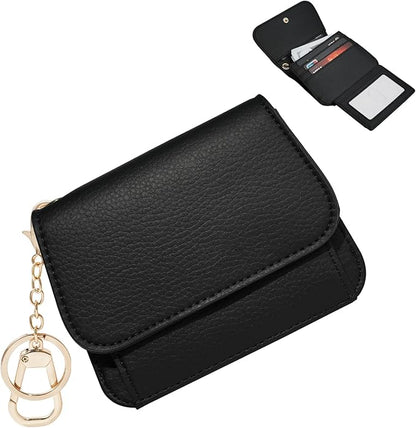 Women Small Wallet RFID Blocking Slim Wallet with Coin Pocket Tri-Fold Credit Card Holder with ID Window and Keychain (Black)