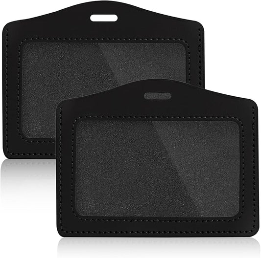 2 Pcs Genuine Leather ID Badge Holder Horizontal Single-Side Clear Card Holder Waterproof Name Badge Holder for Office, Staff, Students, Employees (Black&Black)