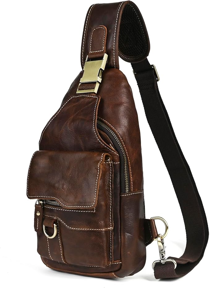 Genuine Leather Hiking Travel DayPack Sling Crossbody Triangle Chest Pack Bag For Men Women 8241 (8241 Dark Coffee)