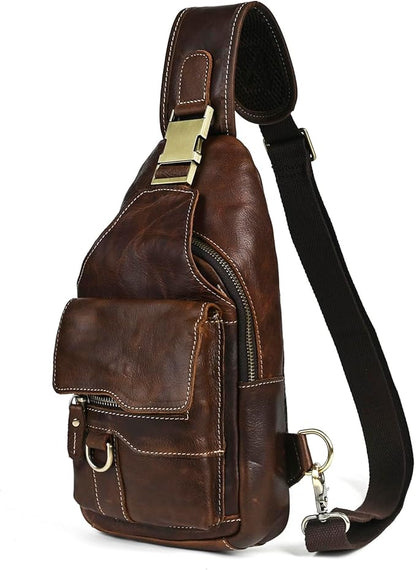 Genuine Leather Hiking Travel DayPack Sling Crossbody Triangle Chest Pack Bag For Men Women 8241 (8241 Dark Coffee)