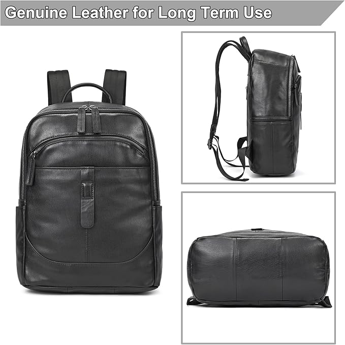 Genuine Leather Backpack for Men & Women - 15.6 Inch Laptop Backpack, Durable Business Commute Bag with Multi-Pockets for Travel & Office