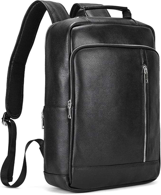 Genuine Leather 15.6 Inch Laptop Backpack for Men, Multi Pocket Slim Daypack Shoulder Bag with Trolley Sleeve for Business Travel (Black)