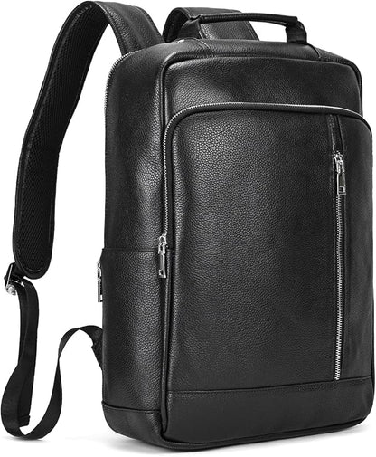 Genuine Leather 15.6 Inch Laptop Backpack for Men, Multi Pocket Slim Daypack Shoulder Bag with Trolley Sleeve for Business Travel (Black)