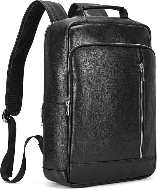 Genuine Leather 15.6 Inch Laptop Backpack for Men, Multi Pocket Slim Daypack Shoulder Bag with Trolley Sleeve for Business Travel (Black)