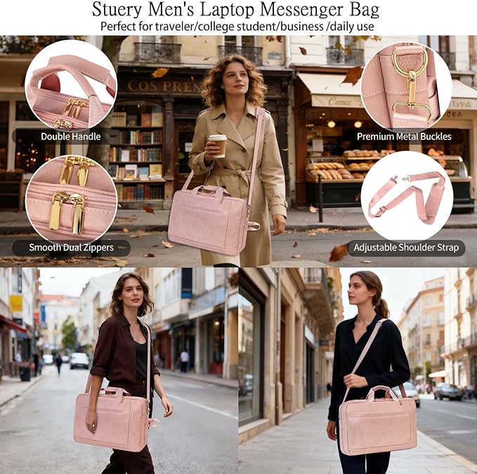 Stuery Faux Leather Messenger Bag for Men 17-17.3 Inch: Laptop Bag Briefcase Computer Handbags Shoulder Crossbody Bag with Padded Laptop Sleeve for Work College Travel, PU Pink