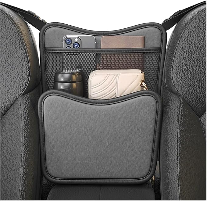 Car Organizer Storage Between Seats, Nappa Leather Front Seat Storage Bag with Tissue Holder, Automotive Console Hanging Net Pocket Handbag Holder for Phone Document (Gray)