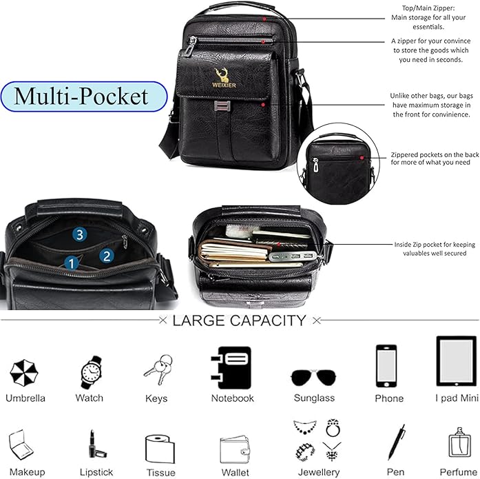 Messenger Bag for Men Crossbody Shoulder Purse Small Vintage PU Leather Satchel Pouch Side Crossover Handbag
