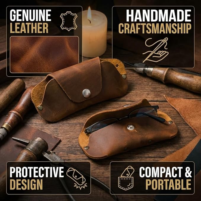 Toprank Leather Eyeglass Case - Handmade Slim Sunglasses Holder, Genuine and Universal Fit for Men and Women