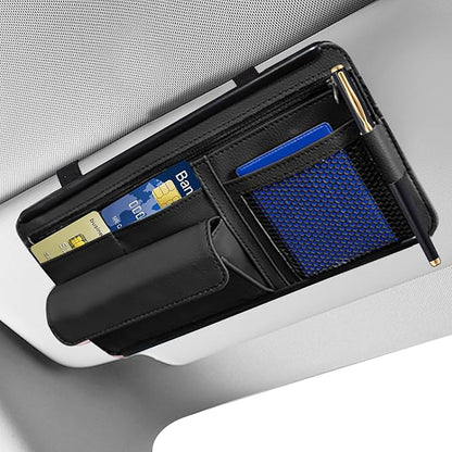 Hovom Car Visor Organizer, Leather Multi-Pocket Auto Sun Visor Storage Pouch with Sunglasses Holder, Card Holder, Zipper Pocket, Net Pocket, Pen Slot, Universal Interior Car Accessories (Black)