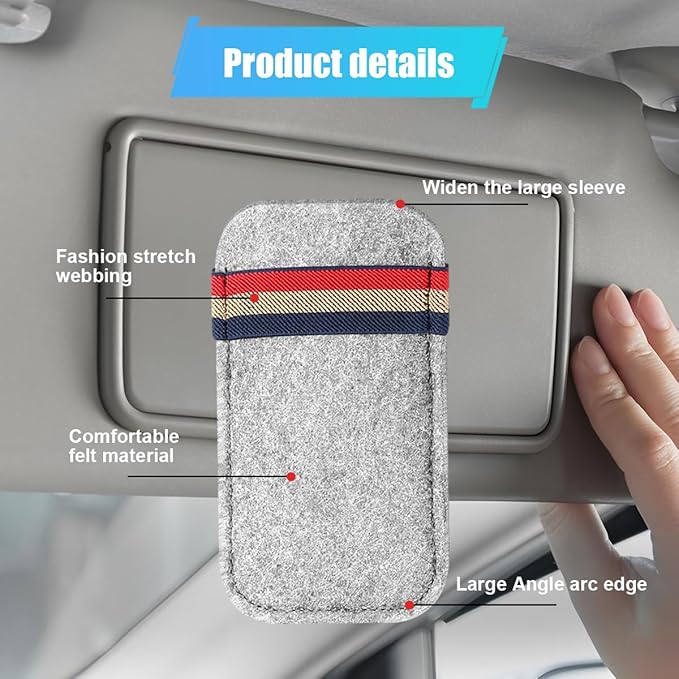 Car Visor Sunglasses Holder Organizer – 6.1"×3.62" Soft Felt Sunglasses Eyeglasses Storage Bag for Card Pen Invoice – Multi-Function Glasses Storage Pouch Car Sun Visor Organizer (Grey White)