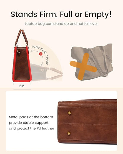 LOVEVOOK Laptop Tote Bag for Women, 15.6 Inch Work Bags, PU Vintage Leather Tote Bag, Waterproof Computer Bags with Clutch Purse, Large Capacity Messenger Bag for Teacher College Business Office