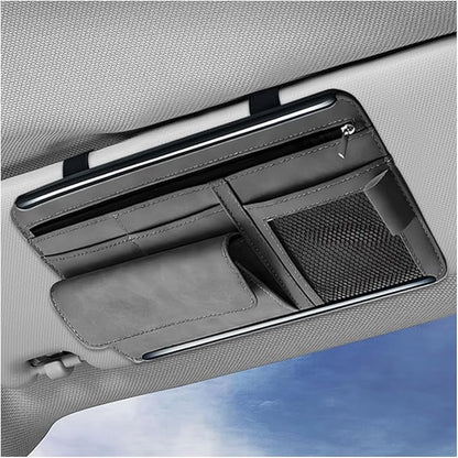 Sun Walker Car Sun Visor Organizer, Suede Leather Visor Storage Pouch Holder with Net Zipper, Multi-Pocket Vehicle Sunshade Organizer for Eyeglasses Card License Registration (Gray)