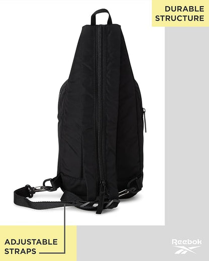 Reebok Unisex Crossbody Sling Bags – Compact Convertible Strap Cross Body Bag Travel Sling Bag - Gym & Travel Essential, Cosmos Black With White Logo