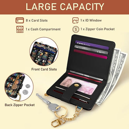 Jogjam Bookshelf and Skull Goth Gothic Skeleton Rfid Women Wallet, Small Slim Thin Compact Travel Credit Card Wallet, PU Leather Bifold Cash Wallet, Zipper Coin Pocket ID Window, Female Ladies Gifts