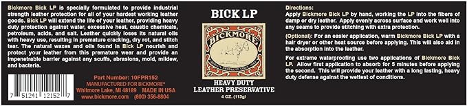 Bickmore Leather Conditioner, Scratch Repair Bick LP 4oz - Heavy Duty LP Leather Preservative | Leather Protector, Softener and Restorer Balm for Dry, Cracked, and Scratched Leather | Made in USA