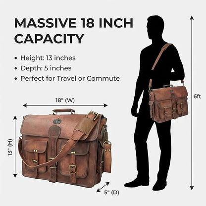 cuero Leather Messenger Bag for Men, 18 Inch Laptop Crossbody, Handmade Leather Shoulder Satchel Bag for Men, Full Grain Business Briefcase for Office/Work/Travel - Vintage Brown