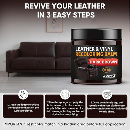 Leather Recoloring Balm - Scratch Repair & Color Restore Kit for Faded Leather, Leather Couch & Car Seats - 10OZ Leather Restorer Balm for Furniture, Auto Interior, Vinyl, Accessories (Dark Brown)