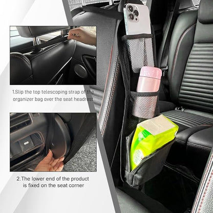Car Seat Side Organizer, Seat Side Storage Pocket, Multifunctional Mesh Net Pocket, Car Multi-Pockets Backseat Organizer Side Hanging Bag for Storage Coins, Cell Phones, Glasses (Black, 1PCS)