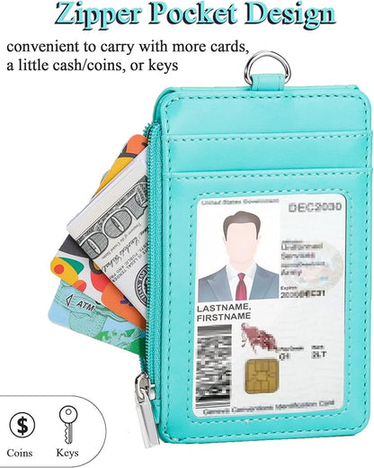 Teskyer Badge Holder with Side Zip Pocket, Multiple Card Slots Leather ID Holder Wallet with Neck Lanyard for Office Staffs, Teachers/Students, Couriers, Workers, Cyan