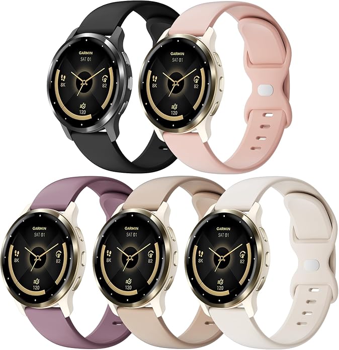 5 Pack 18mm Silicone Watch Band Compatible with Garmin Vivoactive 4S/Vivomove 3S/Venu 3S 41mm/Venu 4 41mm/Venu 2S/Forerunner 255S/265S, Quick Release Soft Sport Straps for Women Men