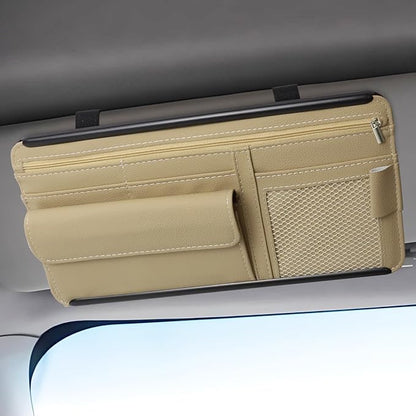 Hovom Car Visor Organizer, Leather Multi-Pocket Auto Sun Visor Storage Pouch with Sunglasses Holder, Card Holder, Zipper Pocket, Net Pocket, Pen Slot, Universal Interior Car Accessories (Beige)