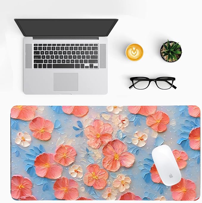 Oil Painting Flowers Desk Mat for Women, Large PU Leather Desk Pad with Non-Slip Base, Aesthetic Office Keyboard Cover for Gaming & Home Work, Artistic Desk Decor (31.5 * 15.75in)