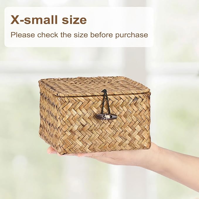 Hipiwe Wicker Shelf Baskets Bins with Lid Handwoven Seagrass Storage Basket Multipurpose Household Organizer for Shelves Home Decor, Caramel Color, X-small
