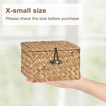 Hipiwe Wicker Shelf Baskets Bins with Lid Handwoven Seagrass Storage Basket Multipurpose Household Organizer for Shelves Home Decor, Caramel Color, X-small