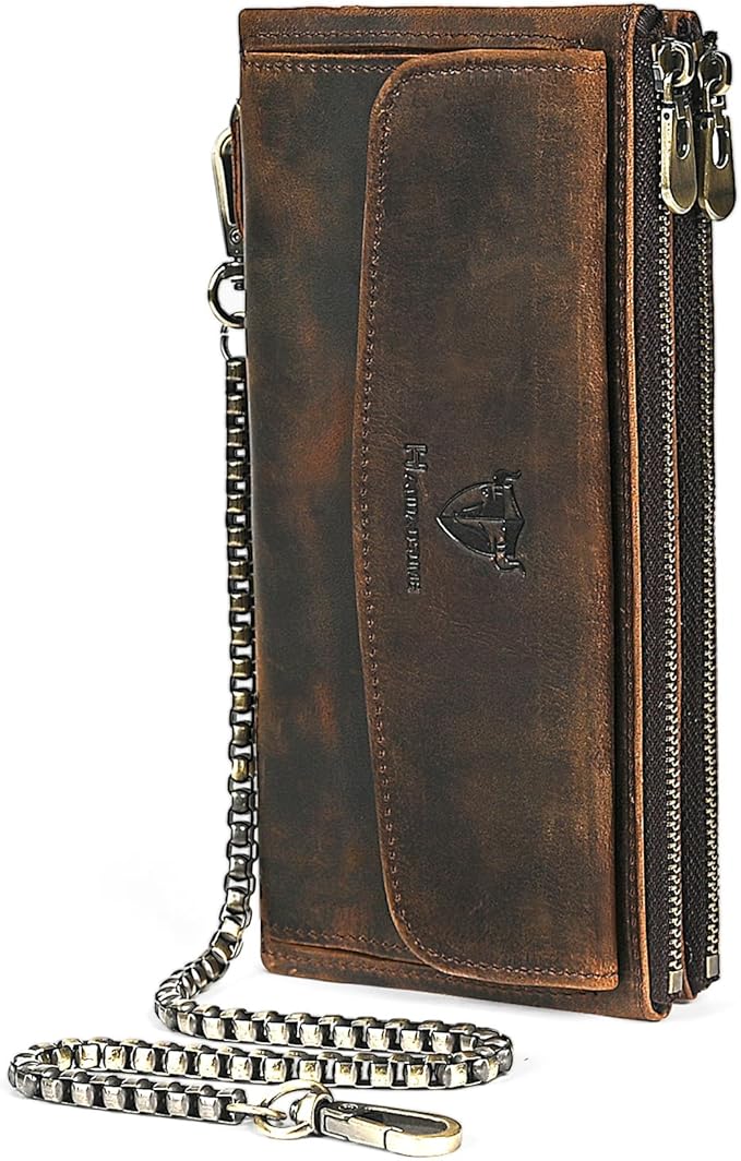 Genuine Crazy Horse Leather Travel Gift Coin Pocket Card Case Long Organizer Chain Rfid Wallet Purse With Snap For Men Male 1803 1815 (1803 Silver)