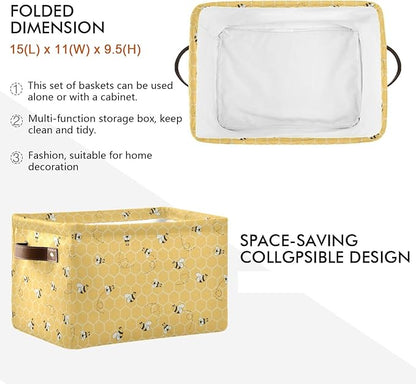 Storage Basket Cute Animal Bee Collapsible Storage Bins Canvas Fabric Baskets for Organizing Toy with Handle for Bedroom Nursery Office, 2PCS