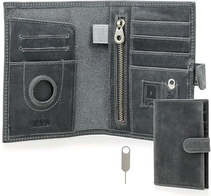 CONTACTS Full Grain Leather Passport Holder with Compatible with Airtag RFID Blocking Passport Wallet Travel Slim Passport Cover with SIM Card Removal Tool (Gray)